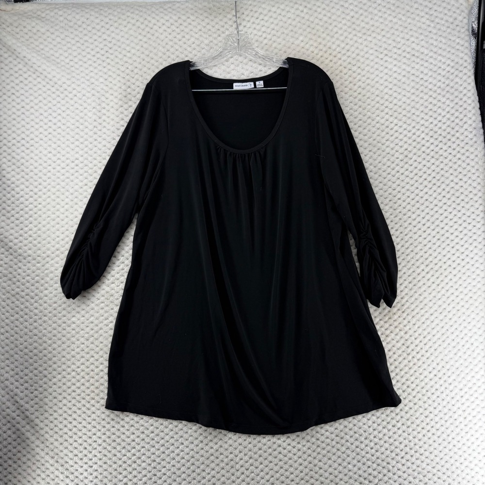 Susan Graver 1X Black Tunic Top Liquid Knit Long Sleeve Ruched Women's Plus Size